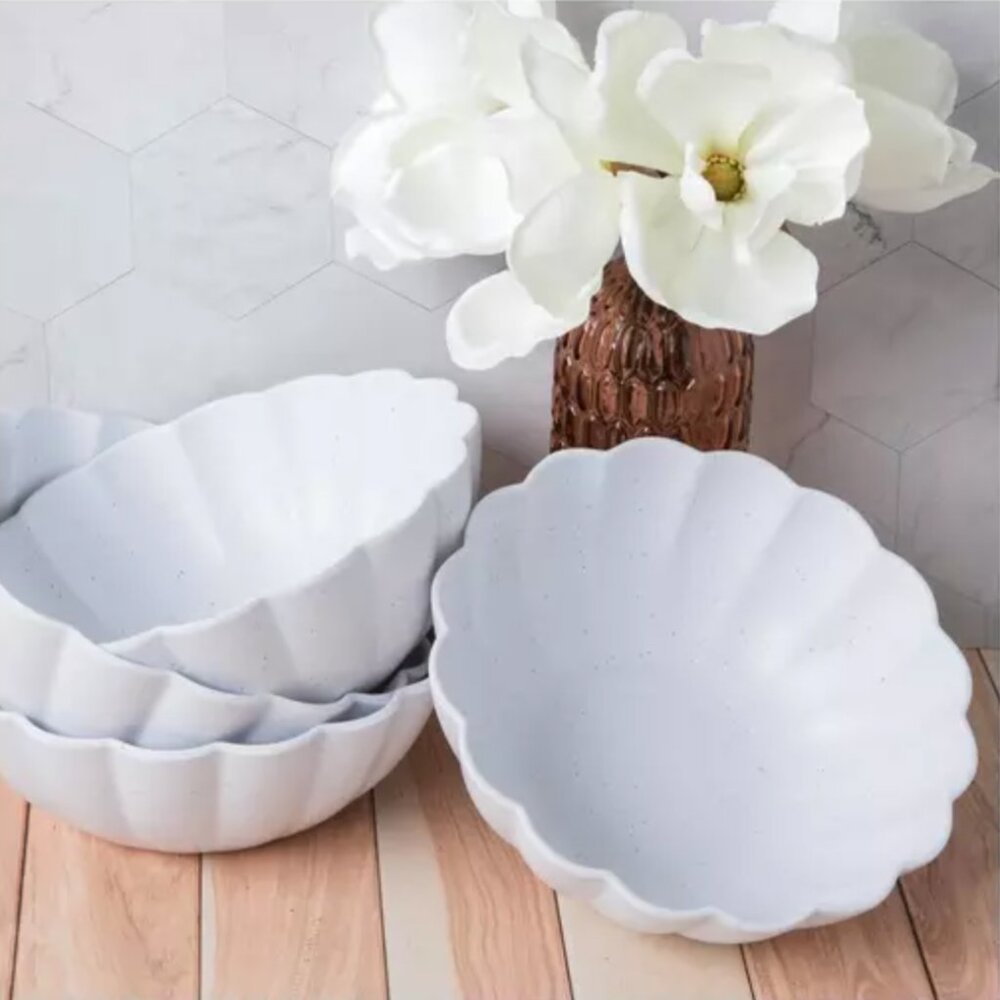 The Spring Shop White 7.5" Melamine Speckled Scalloped Bowls, Set of 4
